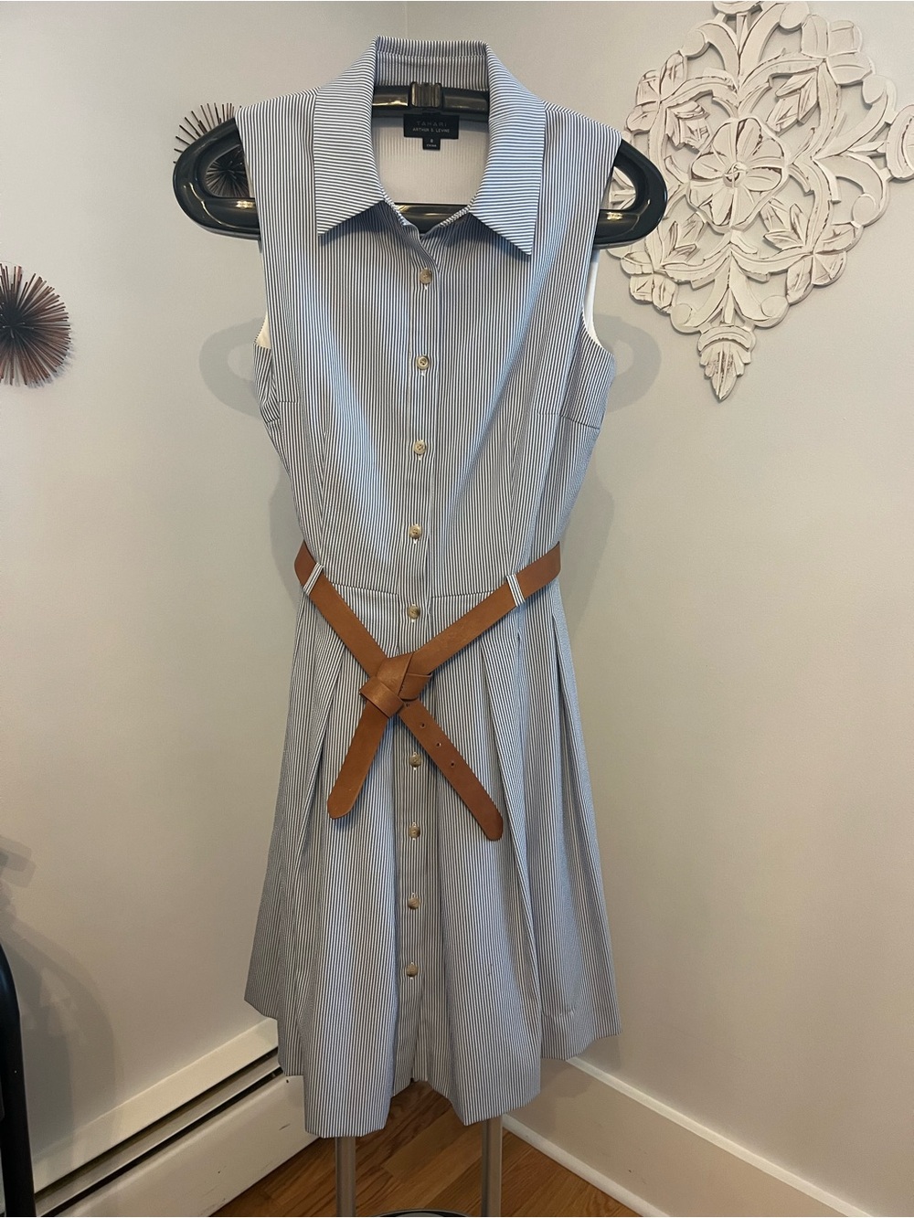 Sleeveless Blue Pinstripe Shirt Dress with Tan Belt